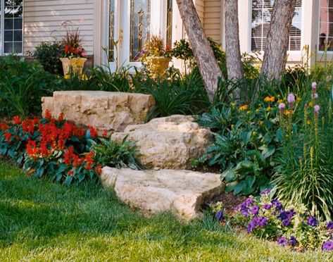 Boulder Garden, Mulch Landscaping, Landscaping With Large Rocks Front Yard, Landscaping With Large Rocks Natural, River Rock Landscaping, Natural Landscaping, Stone Landscaping, Sloped Backyard, Front Garden Landscape