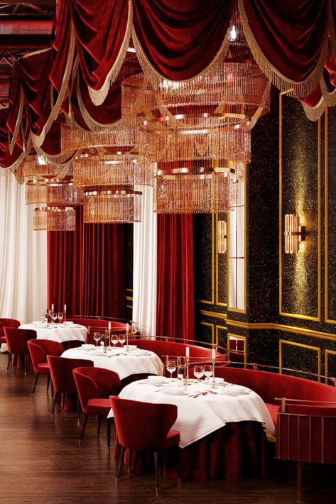 Luxury Hotel Restaurant Interior Design Project 💯 Red Restaurant Interior, Fine Dining Restaurant Interior Design, Dining Restaurant Interior, Hotel Restaurant Interior Design, Luxury Hotel Restaurant, Funky Food, Red Restaurant, Dining Interior, Dining Restaurant