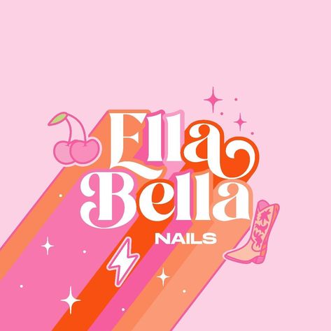 Funky groovy logo design for nail salon Cowgirl Logo Design, Groovy Packaging Design, Balloon Company Logo, Cherry Logo Design Branding, Groovy Branding Design, Nails Logo Design Ideas, Nail Brand Logo, Groovy Logo Design, Nail Salon Logo Design Ideas