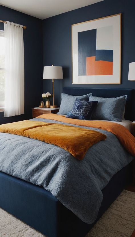 19 Navy Blue Bedroom Ideas: Transform Your Space with Stylish Touches » Comfy Ideas Bedrooms With Navy Bedding, Master Bedrooms Decor Navy, Blue Headboard Bedroom Color Combos, Terracotta And Blue Bedroom, Navy Bed, Hollywood Style Bedroom, College Living Room Ideas, Navy Blue Accent Pillows, Navy Blue Furniture