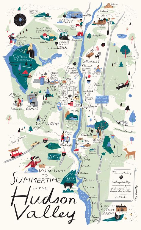 A Visual Guide to Summertime in the Hudson Valley - Upstater Watercolor World Map, Hudson Valley New York, Map Projects, Hand Drawn Map, New York Poster, Drawn Map, Art Carte, Travel Illustration, Illustrated Map