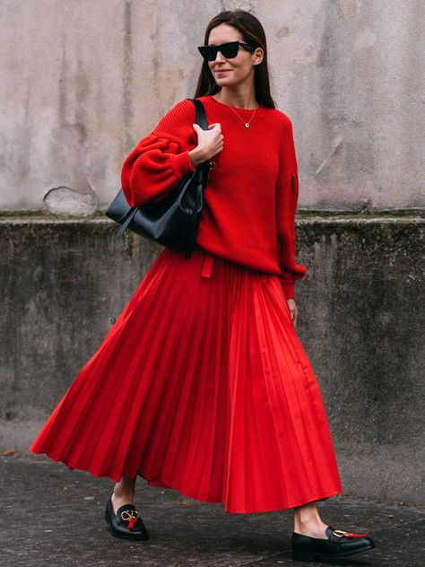 5 Ways To Wear Red - Biggest Color Trend 2023 | PORTER Red Midi Skirt Outfit Winter, Red Skirt Styling, Red Skirt Outfit Ideas, Red Pleated Skirt Outfit, Red Maxi Skirt Outfit, Red Midi Skirt Outfit, Red Color Outfits, Winter Maxi Skirt Outfit, Midi Skirt Outfit Winter