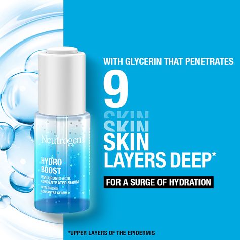 An ultra-refreshing serum designed to intensely hydrate and quench the skin. Neutrogena’s Hydro Boost Hyaluronic Acid Serum features the brand’s highest concentration of hyaluronic acid, to promote the look and feel of smoother skin.  Enriched with provitamin B5 to support lasting moisture, the aqueous serum leaves the complexion with a radiant appearance and supple texture, alongside seeking to achieve plumper-looking skin. The formula arrives housed in a glass bottle with a pipette for ease of Serum Creative Ads, Skin Care Ads, Graphic Moodboard, Good Stickers, Layers Of The Epidermis, Ad Layout, Hydro Boost, Social Media Advertising Design, Neutrogena Hydro Boost