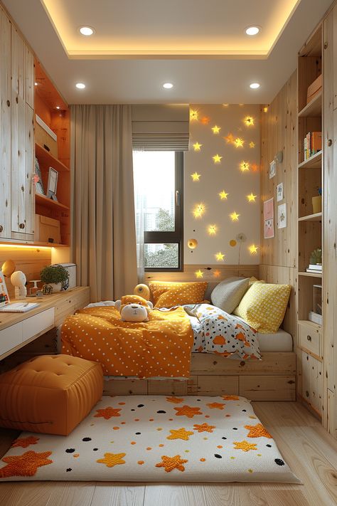 Enchanting warmth in a child's haven: This cozy bedroom, adorned with wooden elements and vibrant orange tones, embodies a timeless charm. Gentle star lights cast a whimsical glow, complementing the polka dot bedding and playful rug. Designed for energy efficiency, NOVASPACE PROMOciones crafts spaces that cherish beauty and sustainability. Experience the allure of passive living today. Girls Orange Bedroom, Orange Kids Bedroom, Sustainable Bedroom, Polka Dot Bedding, Orange Bedroom, Star Lights, Big Girl Bedrooms, Bedroom Orange, Welcome To The Future