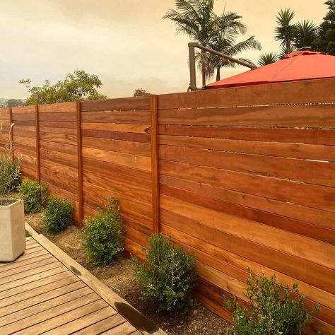 Ipe Fence, Modern Horizontal Fence, Horizontal Fence Ideas, Modern Wood Fence, Patio Renovation, Horizontal Slat Fence, Fence Design Ideas, Diy Backyard Fence, Diy Privacy Fence