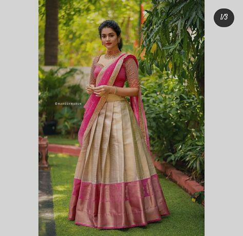 Reshme Saree Lehenga, Pattu Lehangas For Women, South Indian Skirt And Blouse, Modern Half Saree, Indian Fashion Lehenga, Pink Half Sarees, Pattu Lehenga, Traditional Girl, Choli Design