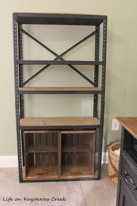 $100 Room Challenge Week 2 - DIY Farmhouse Storage - Life on Kaydeross Creek Farmhouse Shelving Unit, Homemade Wooden Storage Shelves, Cheap Shelving Ideas, Rustic Furniture Standing Shelves, Farmhouse Wall Shelf Unit, Diy Industrial Shelves Bookcases, Cafe Equipment, Diy Etagere, Industrial Shelf Diy