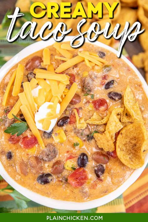 Taco Spices, Taco Soup Recipe Crockpot, Creamy Taco Soup, Corn Mexican, Frozen Hash Browns, Taco Soup Recipe Easy, Ground Beef Taco, Chili Beans, Easy Taco Soup