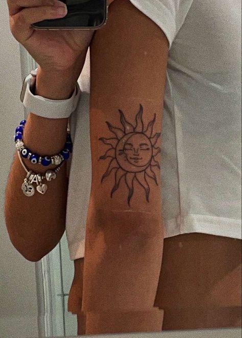 Tattoos For Above The Elbow, Sun A D Moon Tattoo, Arm Elbow Tattoos For Women, Medium Aesthetic Tattoos, Sun And Moon Tattoo Above Elbow, Upper Arm Tattoo Aesthetic, Sun And Moon Tattoo On Arm, Sun Above Elbow Tattoo, Sun And Moon Tricep Tattoo