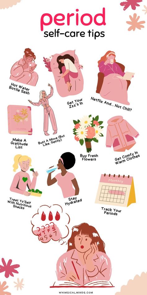 Discover 15 fabulous at-home self-care ideas to conquer those pesky period cramps with style! From soothing lavender baths to indulgent chocolate treats, this pin is your ultimate guide to pampering yourself during that time of the month. period self care routine | period self care aesthetic | period self care tips | period self care routine aesthetic | period self care kit | period self care checklist | period self care day Sick Day Essentials, Period Days, Healthy Period, Morning Routine School, Period Kit, Self Care Day, Period Hacks, Pampering Routine, Period Cramps