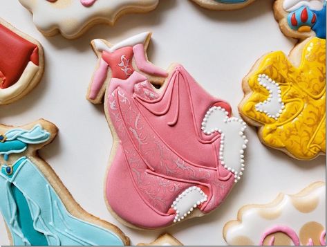 Princess Dress Cookies, Disney Princess Cookies, Royal Princess Birthday, Sleeping Beauty Party, Dress Cookies, Disney Princess Dress, Prince Cake, Princess Cookies, Ramadan Cards