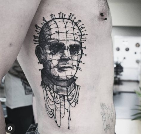 Horror Blackwork Tattoo, Pin Head Tattoo, Cenobite Tattoo, Small Horror Tattoo, Pinhead Tattoo, Horror Movie Tattoos Ideas, Hellraiser Tattoo, Saw Tattoo, Scary Tattoo Ideas