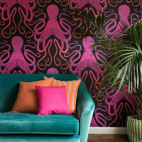 Inspired by the flowing lines and curves of Art Nouveau and vintage botanical studies this largescale octopus illustration showcases intricate line work and dot detailing. Please note Actual pattern repeat is 32cm. Seen here in the Ombre Pink  Orange colourway. Mexican Dining Room, Octopus Wallpaper, Vintage Maximalist Decor, Octopus Illustration, Eclectic Wallpaper, Mulberry Home, Nina Campbell, Mini Moderns