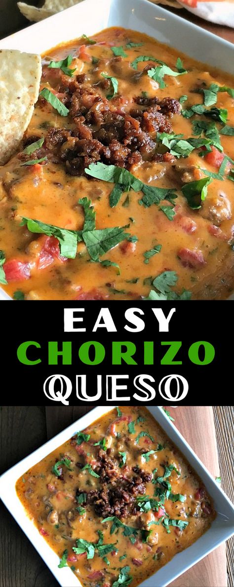 Choriqueso - Chorizo Queso - warm, velvety cheese and chorizo dip with diced tomatoes, fresh cilantro and a light squeeze of lime juice. Serve this easy appetizer with tortilla chips. Perfect for football parties, tailgating and holiday parties. #chorizoqueso #queso #nachocheese #cheesedip #mexicancheesedip #chorizo #chorizoqueso #footballappetizer #footballfood #tailgating #holidayappetizer #thanksgivingappetizer #agoudalife Queso Dip With Velveeta, Chorizo Queso Dip, Chorizo Appetizer, Chorizo Dip, Chorizo Queso, Mexican Dips, Chorizo Recipes, Chorizo Sausage, Queso Dip