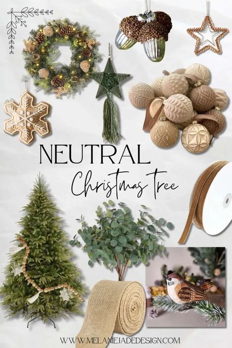 Christmas Tree With Natural Ornaments, Green Brown And White Christmas Tree, Simple Woodland Christmas Tree, Christmas Tree Decor Neutral, Brown Xmas Tree Decor, White And Natural Christmas Tree, Christmas Tree Earth Tones, Christmas Tree Modern Farmhouse, January Christmas Tree Ideas