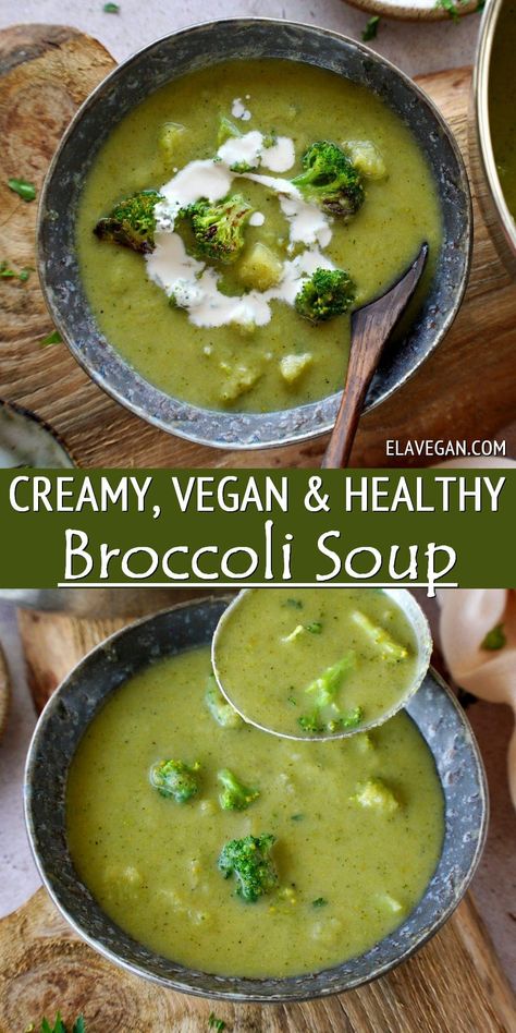 This vegan broccoli soup is creamy, comforting, and loaded with vegetables for a surprisingly healthy, hearty soup–made in just 35 minutes with simple, inexpensive ingredients! This low-calorie soup recipe is gluten-free, dairy-free, soy-free, and optionally oil-free! Vegan Soup Low Calorie, Plant Based Broccoli Soup, Vitamix Broccoli Soup, Broccoli And Spinach Soup, Vegan Broccoli Soup Recipes, Low Calorie Broccoli Soup, Broccoli Vegetable Soup, Healthy Brocolli Soup, Raw Vegan Soup