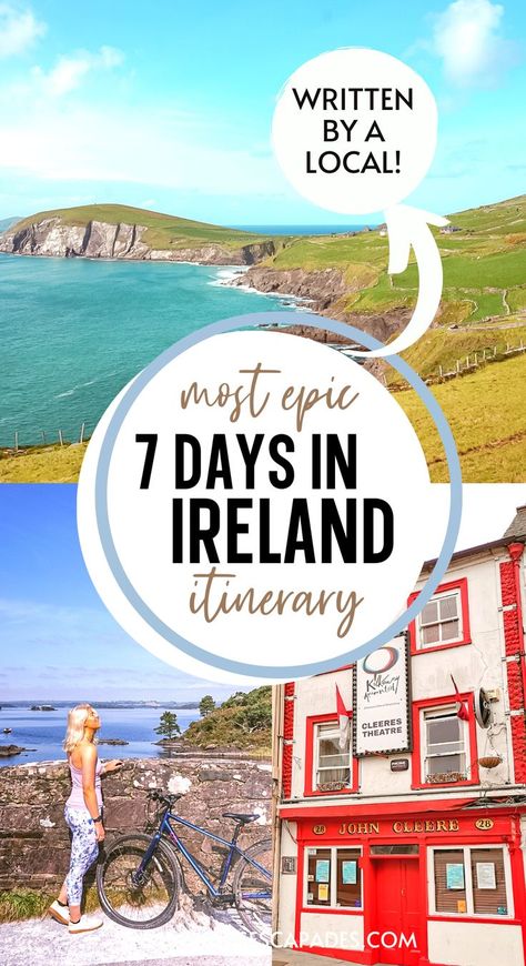 7 days in ireland pin cover, featuring a green headland jutting out into a turquoise sea on Ireland's coast, a girl with bike smiling on a bridge against killarney lakes and bright red and white pub front in kilkenny Ireland Road Trip Itinerary, Ireland Road Trip, Ireland Itinerary, Ireland Destinations, Southern Ireland, Ireland Travel Guide, Vacation Locations, Ireland Vacation, Cliffs Of Moher