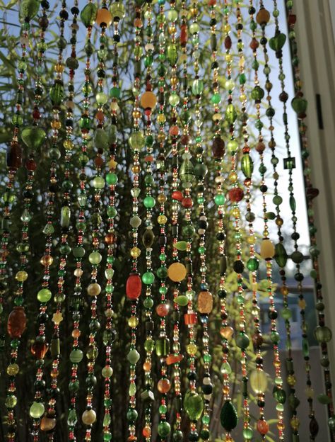 Beaded Door Curtains Hippie, Green Beaded Curtain, Beads In Window, Beaded Window Curtain, How To Make A Beaded Curtain, Bead Doorway, Beaded Doorway Curtain, Beaded Curtains Diy, Curtain Beads