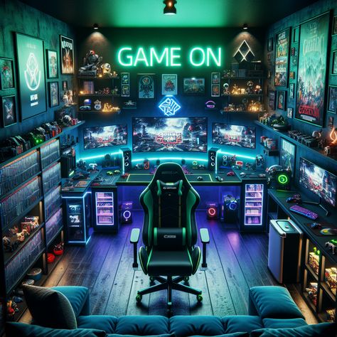 A trendy man cave showcasing deep blue and green walls and a state-of-the-art gaming setup. Includes a neon 'Game On' sign, gaming collectibles, sofa, snack-loaded fridge, and organized game stacks. 
#ManCave #GamingRoom #HomeDecor #VideoGames #InteriorDesign #GamerLife Fantasy Gaming Room, Streamer Room Ideas, Setup Ideas Gaming, Gaming Desk Setup Ideas, Aesthetic Gaming Room, Gamer House, Game Streamer, Neon Game, Ultimate Gaming Setup