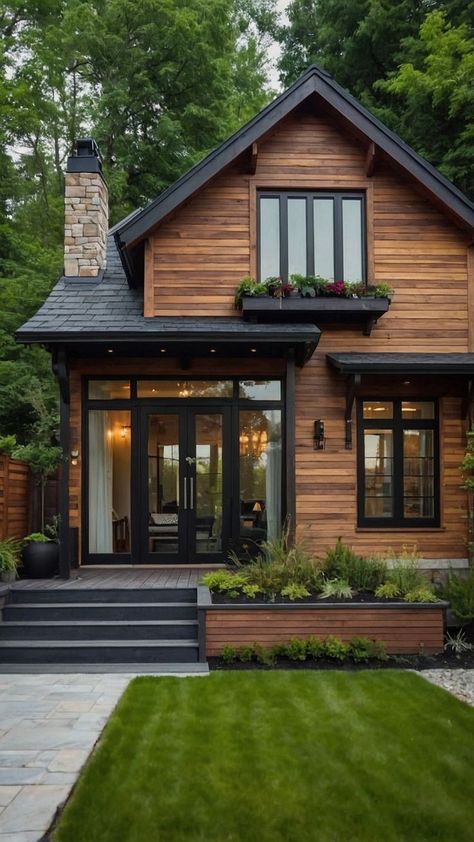 1 Floor Small House Design, Wooden Floor House Interior, Home Athestic, House Exterior Design One Floor, Future Home Design, Dreamy Aesthetic House, Small Mountain House Exteriors, House Idea Exterior, Small Lake House Exterior Cottage