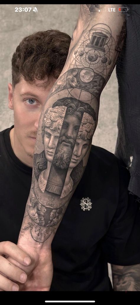 Men’s Realism Tattoo, Classical Art Tattoo Sleeve, Greek Patchwork Tattoo Sleeve, Men Sleeve Tattoo Ideas Unique, Greece Mythology Tattoo, Arm Sleeve Tattoos For Guys, Philosophy Tattoos, Inside Bicep Tattoo, Natur Tattoo Arm