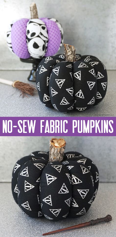 No-Sew Fabric Pumpkins | artsy-fartsy mama Fabric Pumpkins No Sew, Quick Halloween Crafts, Halloween Fabric Crafts, Nightmare Before Christmas Pumpkin, Harry Potter Fabric, Christmas Pumpkins, Fall Pumpkin Crafts, Pumpkin Uses, Fall Decor Dollar Tree