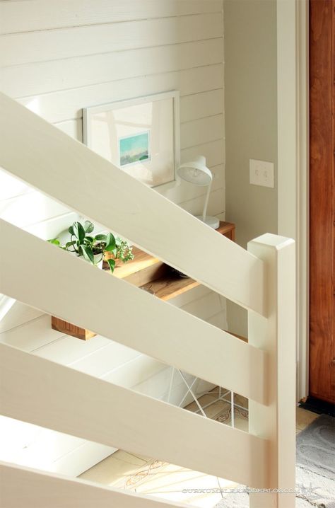 Horizontal-Railing-Angle-at-Entry Horizontal Banister, Wood Horizontal Railing, Horizontal Indoor Railing, Railings For Stairs Horizontal, Horizontal Stair Balusters, Modern Farmhouse Horizontal Stair Railing, Horizontal Railing, Banister Remodel, Wood Railings For Stairs