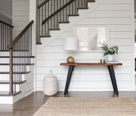 All Things Shiplap! Is it Staying or just a Trend? - Re-Fabbed Vinyl Wall Panels, Modern Farmhouse Living Room Decor, Farmhouse Living Room Decor Ideas, White Shiplap Wall, Shiplap Accent Wall, Wall Planks, Staircase Decor, Stair Case, White Shiplap