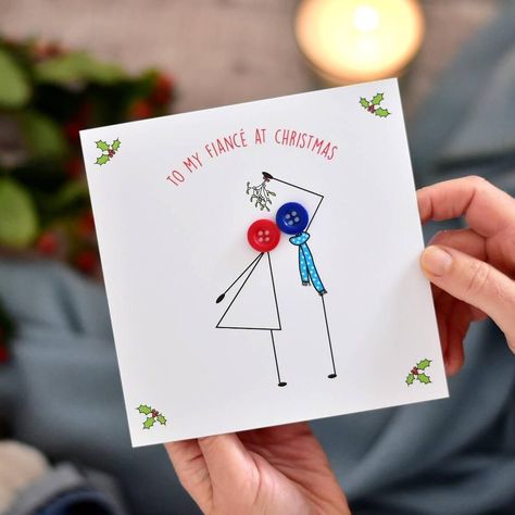 To my fiancé Christmas card with button people Cute Stick People, Fiance Christmas Card, Kissing Under The Mistletoe, Sweet Christmas Card, Stick People, Mistletoe Kiss, Christmas Buttons, Couple Kissing, Romantic Cards