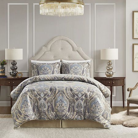 Inspired by the maximalist patterning and decor of the 17th century French royalty, the julius comforter set is a true statement piece. An artful blend of soft chenille yarns mimics a vivid illusion of gold and add dimensions of luxury to the jacquard. The jewelry and painting inspired pattern exude a regal color palette. Sleep like a royal in this lavish yet comfortable julius comforter set.Set includes 1 comforter, 2 shams, 1 bed skirt 2022 upgraded manufacturing process enhances product firmness and durabilityEnvironmental production with oeko-tex certified confidenceYkk hidden zipper attached to each shamChenille jacquard on the face with solid reverse on the back to add contrasting layersThe sham has the same decorative rope cording trim and a supportive wadding in the interior of the Linen Comforter, Grey Comforter Sets, Blue Comforter Sets, Grey Comforter, French Royalty, Vintage Chenille, King Comforter Sets, Queen Comforter Sets, Queen Comforter