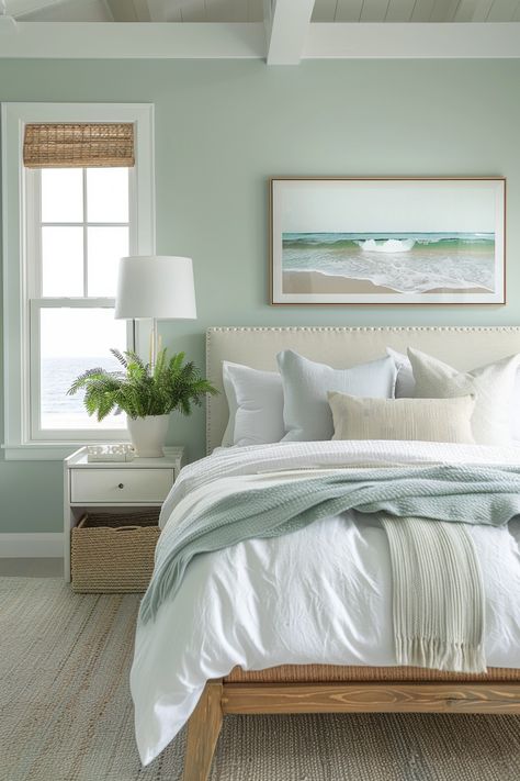 31 Sage Green Bedroom Ideas Green White Room Ideas, Green Modern Bedroom Ideas, Sea Salt Accent Wall Bedroom, Soothing Master Suite, Calm Blue Green Bedroom, Light Sage Bedroom Ideas, Seafoam Green Bedroom Walls, Natural And Green Bedroom, Sage And Ivory Bedroom