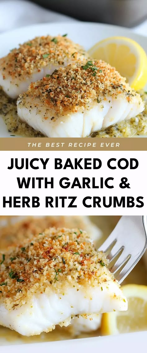 Image for Juicy Baked Cod with Garlic & Herb Ritz Crumbs Baked Cod Breadcrumbs, Stuffed Baked Fish, Baked Fish With Bread Crumb Topping, Cod Tenderloin Recipes, Ritz Cracker Cod, Herb Crusted Cod, Roasted Cod Recipes, Baked Fish And Rice Recipes, Best Baked Fish Recipes