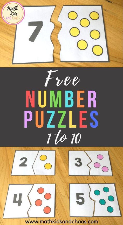 FREE number puzzles for the numbers 1 - 10. These fun, colorful number puzzles are perfect for preschool and Kindergarten age children to practice counting and number recognition skills. Each puzzle card is split into two pieces - a number and a dot picture. Puzzles are self-correcting, meaning that two puzzle pieces will only fit together if the math is correct. Free to download. Click through to read more! #mathcenters #numbersense #numbersto10 #preschoolmath #mathkidsandchaos #numberpuzzle Preschool Number Puzzles, Aktiviti Tadika, Aktiviti Kanak-kanak, Portfolio Project, Numbers Kindergarten, Number Puzzles, Daycare Ideas, Numbers Preschool, Aktivitas Montessori