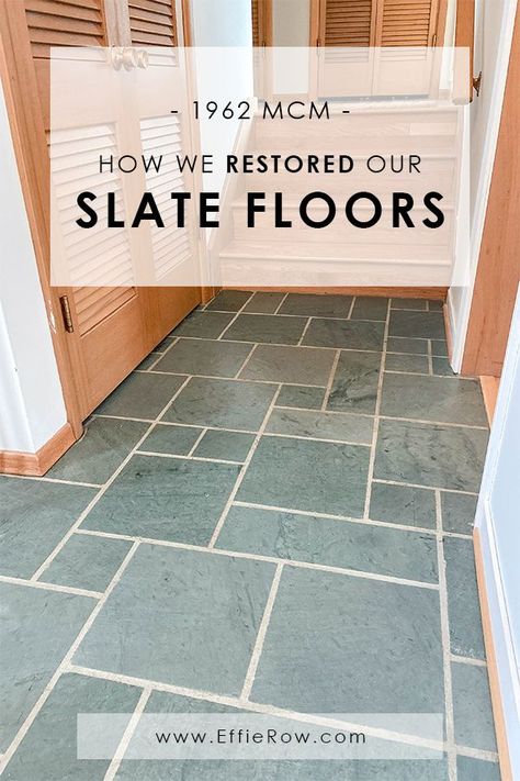 For the first few months of living in our new home, I was quite convinced that we were going to rip out the entryway floors and put in some oversized contemporary tiles. I had tried various techniques to clean them but it became apparent that the majority of the stains were sealed in. To be … Green Slate Bathroom, Slate Foyer Entryway, Green Slate Floor, Entryway Flooring Ideas, Mid Century Modern Foyer, Painting Slate, Flooring Renovation, Green Tile Floor, Hawthorn House