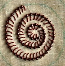 Buttonhole Stitch with beads Buttonhole Stitch, Motifs Perler, Crazy Quilting, Hand Embroidery Projects, Red Thread, Needlework Embroidery, 자수 디자인, Spiral Design, Quilt Stitching