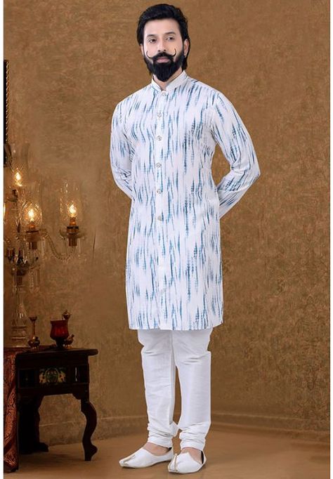 White Soft Cotton Printed Kurta Pyjama Set Men Suits Wedding, Celebrity Gowns, Suits Wedding, Kurta Pyjama, How To Look Handsome, Cotton Kurta, Latest Sarees, Readymade Blouse, Digital Print Fabric