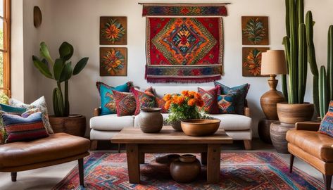 Unique Mexican Home Decor Ideas for a Vibrant Interior Latino Home Decor, Mexican Farmhouse Decor Living Room, Mexican Hacienda Decor Living Room, Mexican Home Decor Modern Living Room, Modern Mexican Decor Interior Design, Mexican Hacienda Living Room, Mexican Boho Home Decor, Hacienda Decorating Ideas, Mexican Living Room Decor Hacienda Style