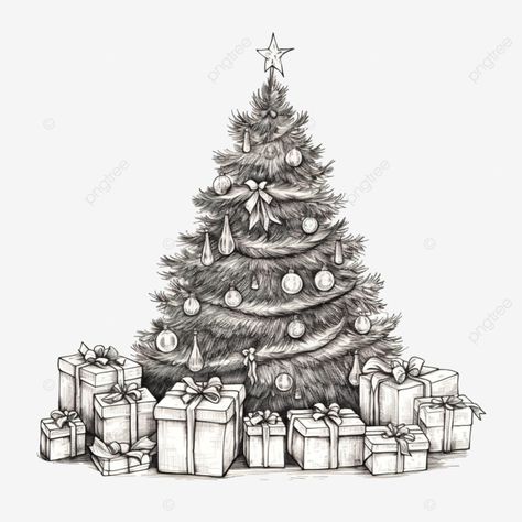 hand drawn festive christmas tree and gifts concept sketch christmas sketch hand drawn christmas c Christmas Tree Drawing Realistic, Christmas Landscape Drawing, Christmas Tree Drawing Aesthetic, Holiday Sketches, Christmas Pyrography, Sketch Christmas, Christmas Tree Coloring, Xmas Drawing, Christmas Sketch