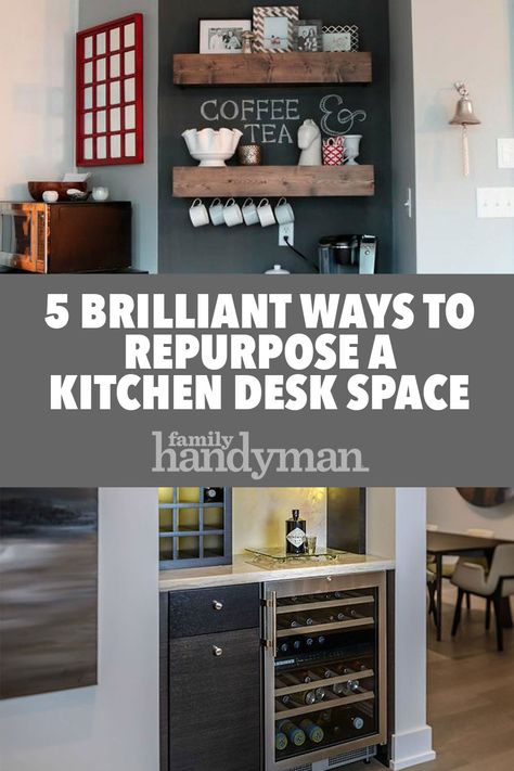 5 Brilliant Ways to Repurpose a Kitchen Desk Space Kitchen Cabinet Nook Ideas, What To Do With Extra Kitchen Space, Kitchen Office Nook Ideas, Desks In Kitchen, Kitchen Workstation Ideas, Kitchen Counter Desk Area, Kitchen Desk Nook Ideas, Kitchen Computer Desk, Using Kitchen Cabinets For Office