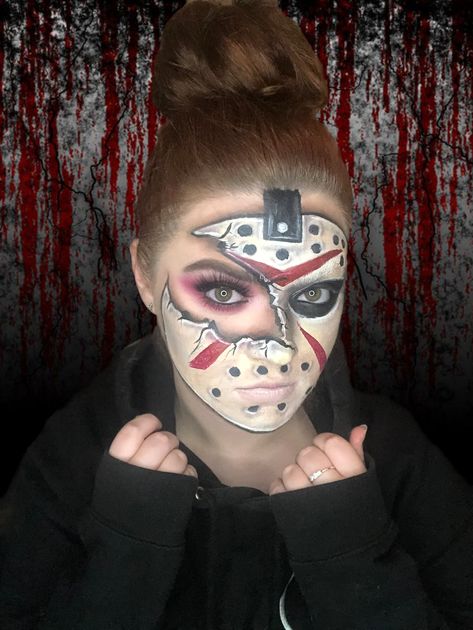 Jason Vorhees Makeup Women, Jason Make Up Halloween, Jason Face Makeup, Jason Halloween Makeup Women, Friday 13th Makeup Ideas, Jason Voorhees Makeup Female, Jason Face Paint, Jason Mask Makeup, Friday 13th Makeup