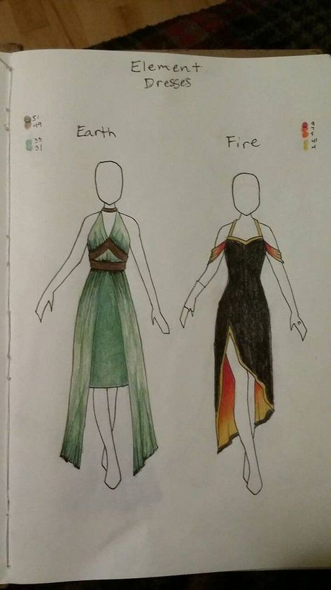 5 Elements Of Nature, Dress Drawing Easy, Journal Clothes, Costume Design Sketch, Element Dress, Witch Drawing, Elements Earth, Fantasy Clothes, Inspired Clothes