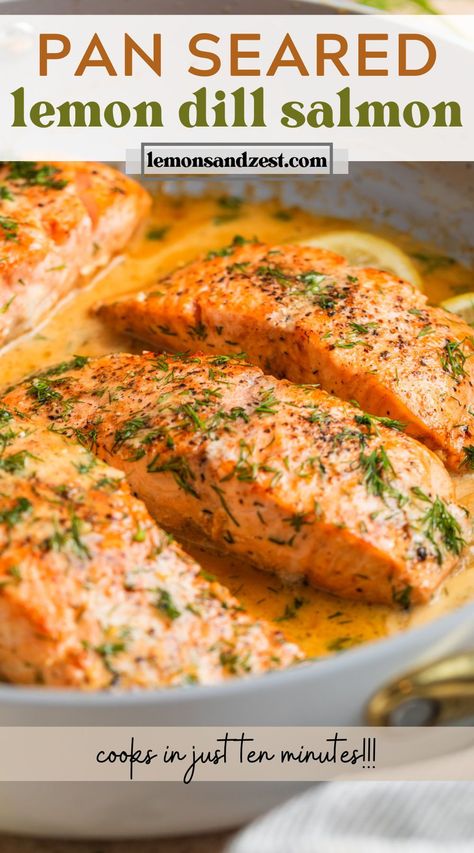 This simple pan seared Lemon Dill Salmon recipe is the perfect weeknight dinner that whips up in no time! Only a couple minutes to prep, simple crisp and golden seared fish in a buttery lemon dill sauce that will pair well your favorite side dishes for a complete meal! Light Salmon Recipes, Salmon Recipes Baked Dill, Salmon Lemon Butter Sauce, Dill Salmon Recipes, Salmon Recipe Pan, Salmon With Dill, Lemon Dill Salmon, Salmon Recipes Pan Seared, Lemon Dill Sauce