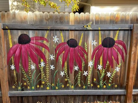 30 Fence Murals That Turn Your Backyard Into a Boise Wonderland Poppy Fence Mural, Garden Fence Painting Ideas, Shed Painting Ideas Flowers, What To Do With Old Fence Boards, Painted Fences Ideas Backyards Easy, Wooden Fence Painting Ideas, Fence Stencil Ideas, Garden Fence Art Diy, Fence Toppers For Privacy Diy