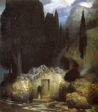 The Tomb of Böcklin, 190102, by Ferdinand Keller. Click to enlarge. William Blake, Arte Fantasy, Traditional Paintings, Gustav Klimt, Art Movement, Impressionism, Dark Art, Classic Art, Art History