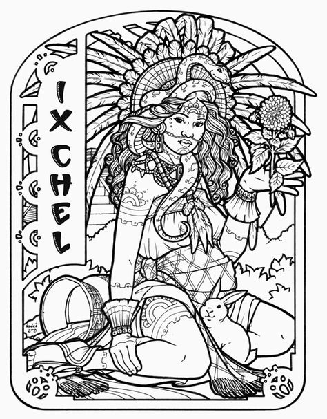 Ix Chel - Mayan Goddess of Marriage, Fertility, Creativity and Childbirth by Renée Yates-McElwee #coloringbook Ix Chel Tattoo, Mayan Goddess Tattoo, Ixchel Goddess, Ix Chel, Mayan Goddess, Aztec Goddess, Goddess Of Marriage, Mayan Women, Mayan Tattoos