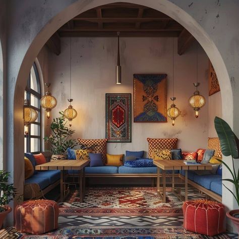 21 Moroccan Interior Design Ideas: Transform Your Space with Vibrant Colors and Intricate Patterns | Florgeous Marakesh Decor Interiors, Moroccan Design Interior, Moroccan Interiors Living Room, Coworking Space Ideas, Marakesh Decor, Middle Eastern Interior Design, Moroccan Inspired Living Room, Modern Moroccan Interior Design, Morocco Interior Design