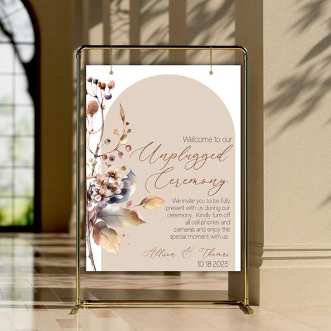 Welcome your guests in style with this Boho Unplugged Wedding Sign, designed for DIY brides who want to create a stunning entrance without breaking the bank! Featuring a neutral beige arch, unplugged ceremony are displayed in elegant cursive, while the verbiage to tell wedding guests that your ceremony is unplugged are printed in a chic, modern font. Large Wedding Signs, Wedding Ceremony Sign, Unplugged Ceremony Sign, Unplugged Wedding Sign, Unplugged Ceremony, Custom Stationary, Wedding Ceremony Signs, Ceremony Sign, Signage Wedding