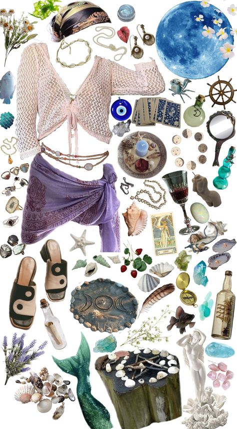 Seaside Aesthetic Outfit, Mermaid Aesthetic Outfit Summer, Sea Witch Clothes, Ocean Witch Aesthetic Fashion, Whimsigoth Beach Outfit, Sea Witch Outfit Aesthetic, Sea Witch Fashion, Water Witch Aesthetic Outfit, Mermaid Core Aesthetic Outfits Casual