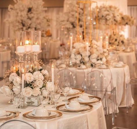 Designed to Perfection: Mod Effect Events Wedding Reception Gold And White, Fall Ballroom Wedding Reception, White Pampas Wedding Decor, Elegant Wedding Reception Tables, Wedding Cake Table Set Up, Wedding Table Set Up, Round Table Decor Wedding, White And Gold Wedding Themes, Gold Theme Wedding