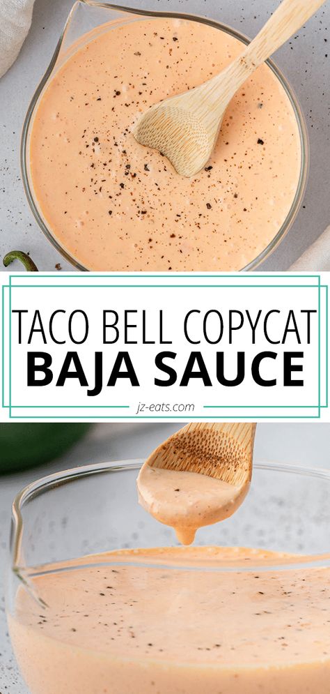 baja sauce in a glass jar with a wooden spoon Copycat Taco Bell Baja Sauce, Baja Sauce Taco Bell, Taco Bell Enchirito Sauce Recipe, Sonic Baja Sauce Recipe, Taco Bell Volcano Sauce Recipe, Burrito Sauce Recipe Simple, Creamy Jalapeno Sauce Taco Bell, Sauce For Pork Tacos, Taco Bell Baja Sauce Recipe